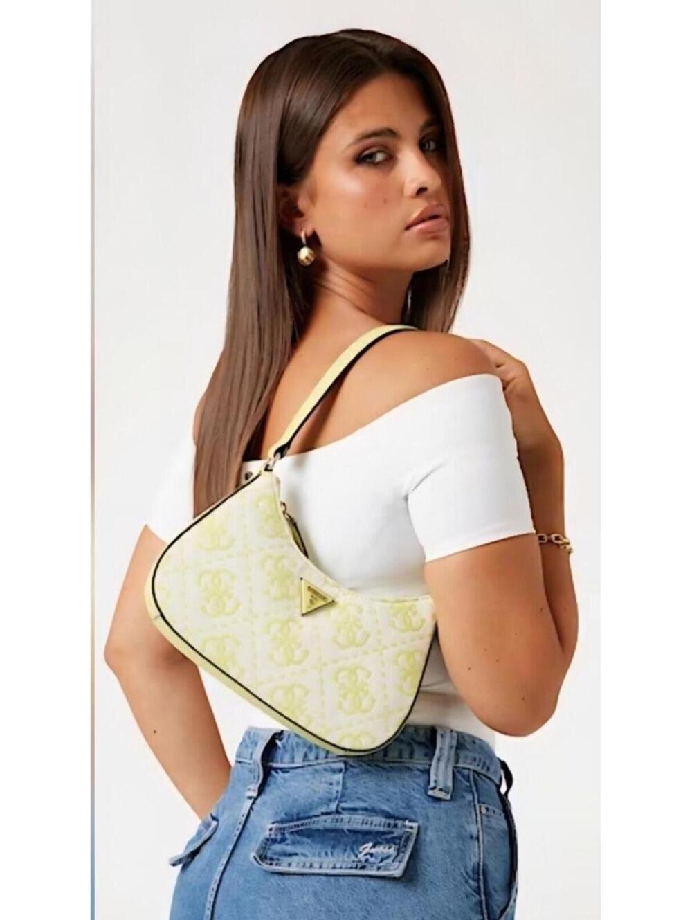 Guess Ruma Mini Top Zip  Quilted Logo Embroidered Shoulder Bag Chartreuse Color
